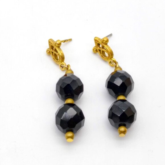 Vintage Black Crystal Dangle Earrings, Filigree Gold Tone Studs with Double Drop - Picture 2 of 3